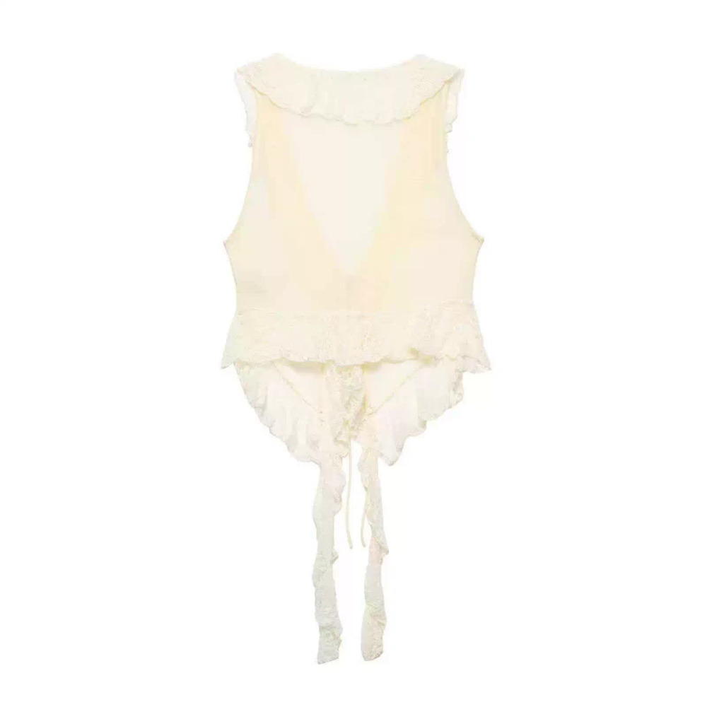 ZARA Summer Beige Lace Trim Tie Neck Tank Top